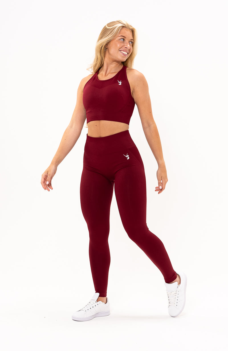 V3ApparelWomensTemposeamlessscrunchworkoutsetwithleggingsandfitnessgymtightswithstrapsportsbrainburgundyredforgymtraining bodybuilding runningandyoga sidefrontshot2 aef65693 febb 4cef 93e2